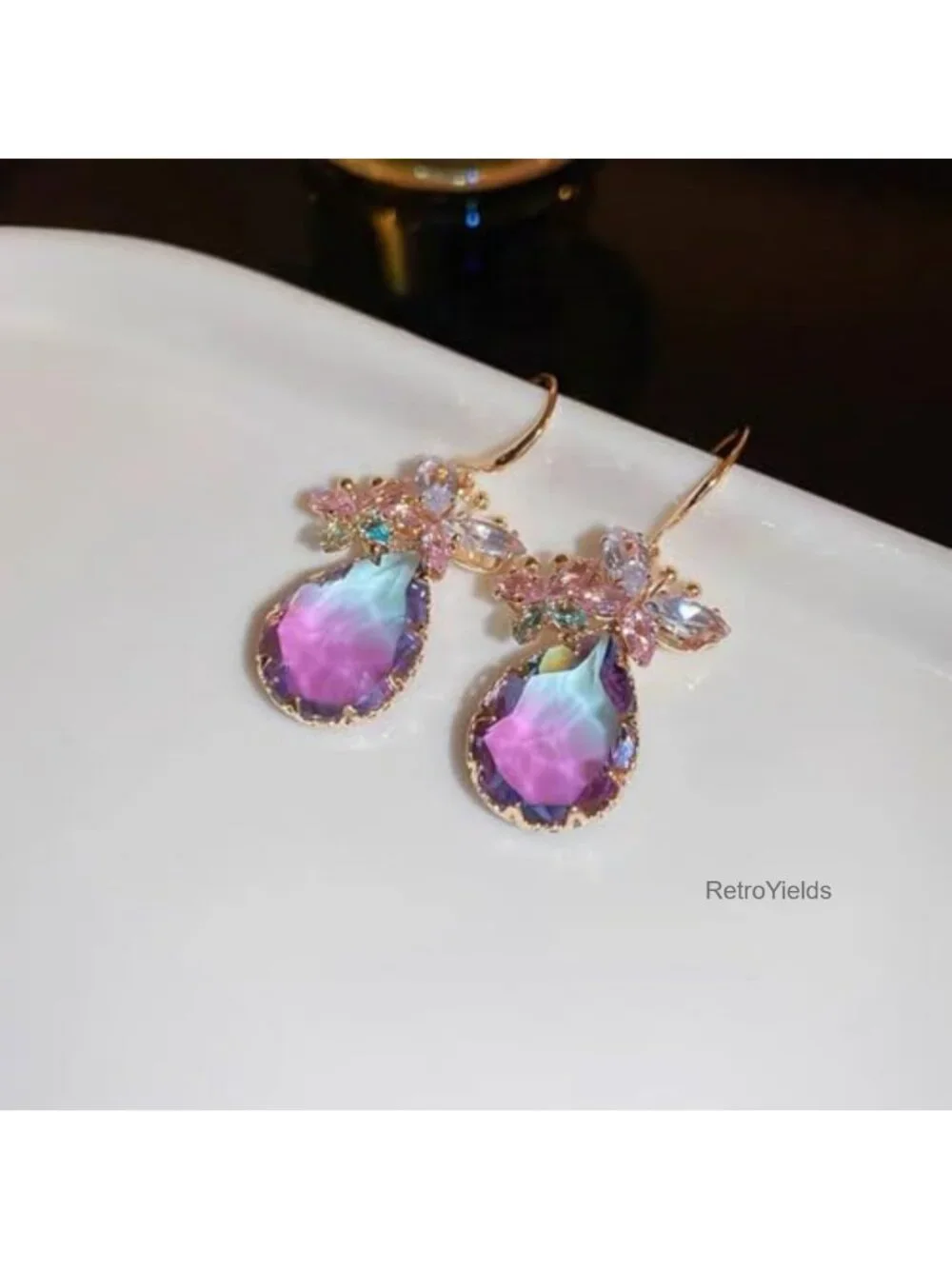 Crystal Teardrop Dangle Butterfly Earrings for Women, 14k Gold Plated Brass